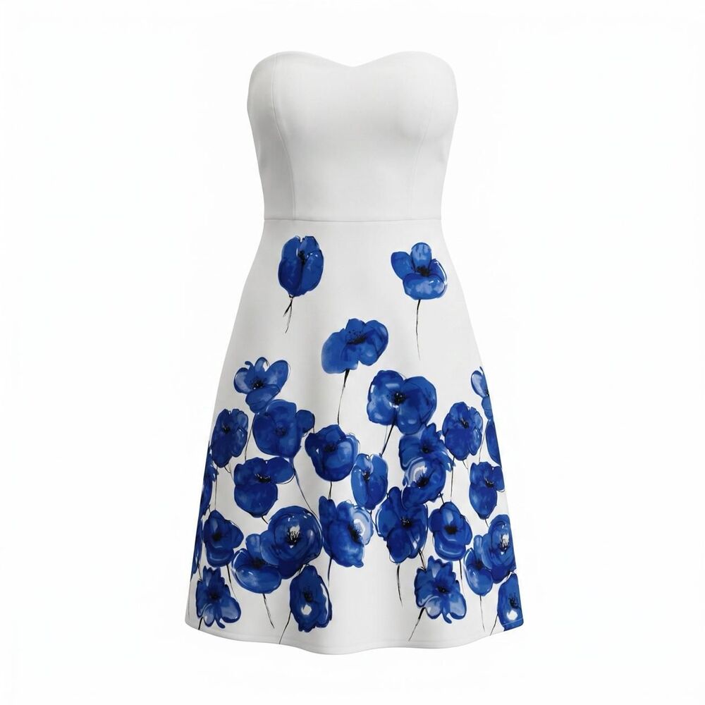B. Moss White & Blue Poppy Floral Strapless Dress (Size 12)
